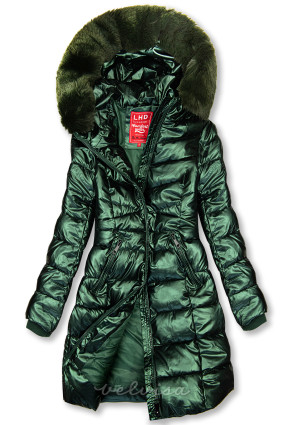 Smaragd zelena sjajna zimska jakna s odvojivim krznom