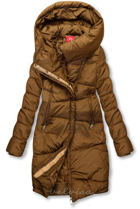 Karamel smeđa prošivena zimska jakna s visokim ovratnikom