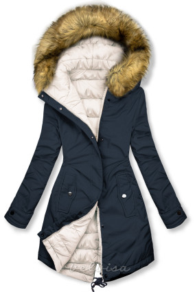 Dvostrana zimska jakna s krznom tamno plava/boja slonovače