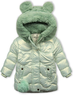 Giacca invernale verde mentolo con cappuccio in pelliccia