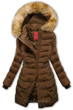 Čokoladno smeđa prošivena zimska jakna s krznom