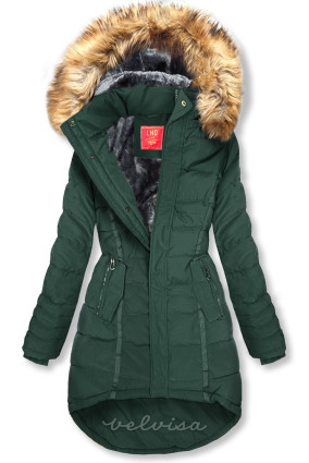 Tamno zelena prošivena zimska jakna s kapuljačom