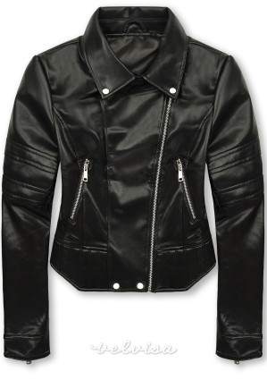 Crna kožna jakna s kosim patentnim zatvaračem