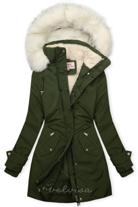 Parka esteso con pelliccia verde scuro/bianco