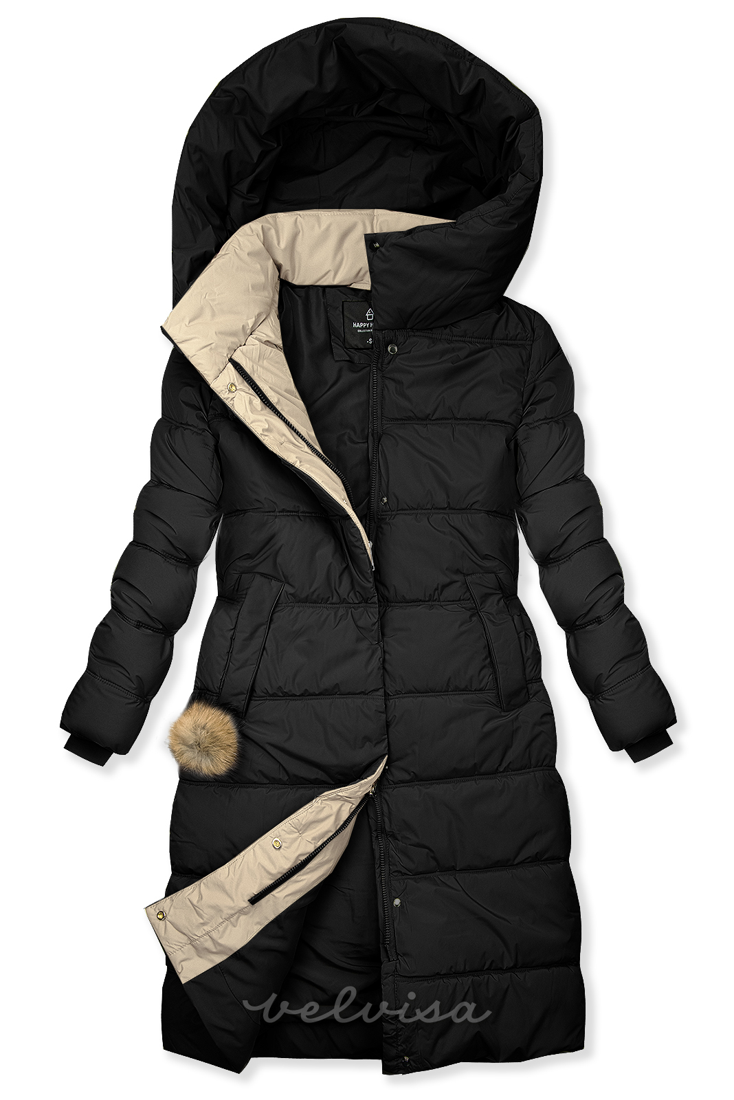 Giacca invernale con cappuccio nera/beige