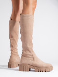 Stivali alti in pelle scamosciata con suola spessa beige chiaro