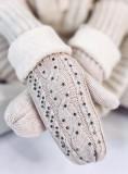 Guanti-muffole da donna decorati di colore beige chiaro