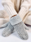 Guanti-muffole da donna decorati di colore grigio chiaro