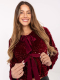 Elegante cardigan corto bordeaux con paillettes e fodera