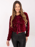 Elegante cardigan corto bordeaux con paillettes e fodera