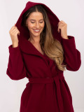Cappotto bordeaux da mezza stagione con cappuccio e cintura