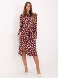 Abito midi bordeaux con motivo geometrico e maniche lunghe