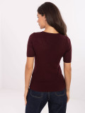 Maglione bordeaux a costine con maniche corte e scollo a V