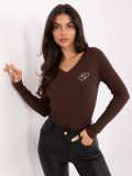 Blusa marrone in cotone con ricamo e scollo a V