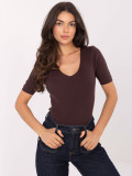 Maglione marrone a costine con scollo a V