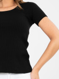 Blusa nera in cotone a costine con maniche corte