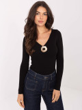 Maglione nero a costine con scollo a V