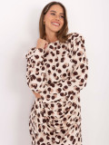 Abito midi beige con motivo geometrico e maniche lunghe