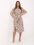 Abito midi beige con motivo geometrico e maniche lunghe