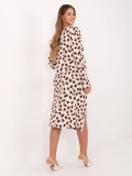 Abito midi beige con motivo geometrico e maniche lunghe