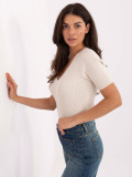 Maglione beige a costine con scollo a V