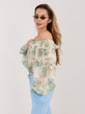 Blusa verde con fantasia floreale e scollo a spalle scoperte