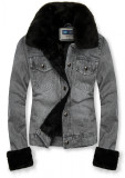 Giubbotto in denim grigio con pelliccia nera