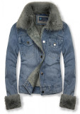 Giubbotto in denim blu con pelliccia grigia