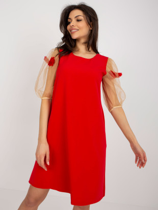 Abito cocktail rosso con fiori 3D