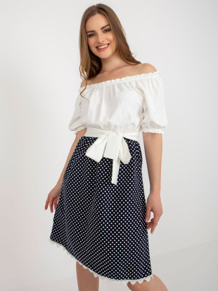 Abito cocktail ecru-blu con cintura