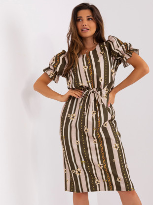 Abito midi khaki con stampa e maniche corte