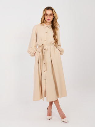 Abito camicia midi beige con cintura