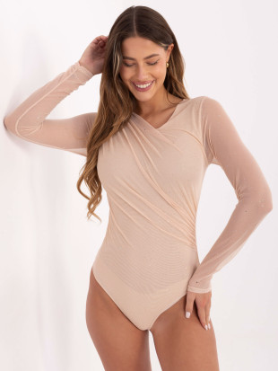 Bež elegantni body s aplikacijom i dugim rukavima