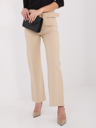 Pantaloni eleganti beige in tessuto con vita alta e cintura