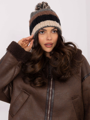 Cappello beige a righe con pompon