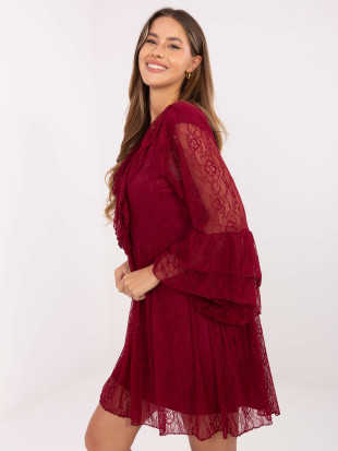 Mini abito svasato bordeaux con pizzo e laccetti