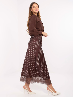 Gonna midi marrone a pois con pizzo