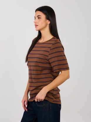 T-shirt marrone a righe in cotone con maniche corte
