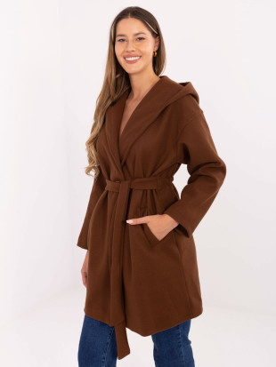 Cappotto marrone da mezza stagione con cappuccio e cintura