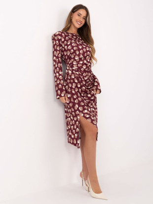 Abito midi bordeaux con motivo geometrico e maniche lunghe