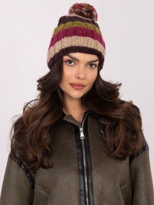 Cappello beige a righe con pompon