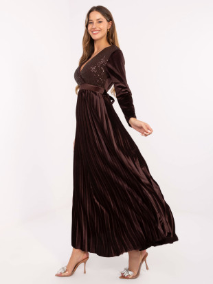 Elegantna maxi haljina s remenom i šljokicama, smeđa