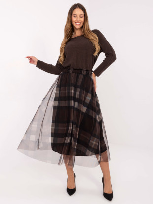 Gonna midi elegante nero-marrone a quadri