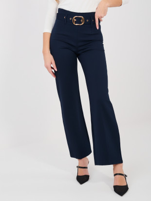 Eleganti pantaloni blu scuro a vita alta con cintura