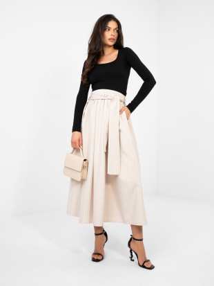 Gonna midi elegante beige a righe con cintura