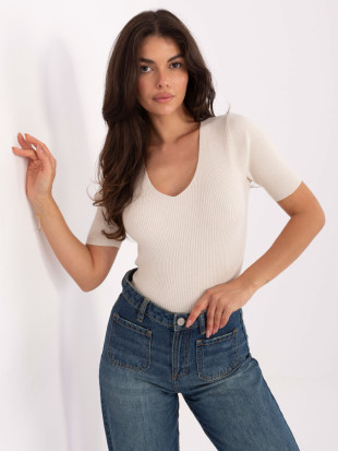 Maglione beige a costine con scollo a V