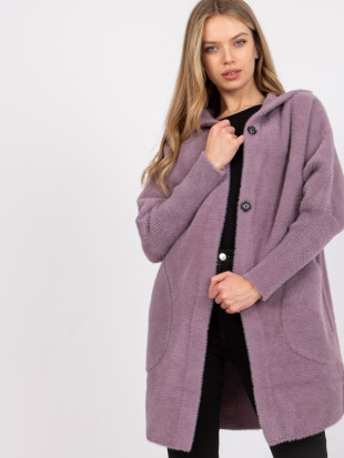 Cappotto primaverile lilla chiaro in lana e angora con cappuccio