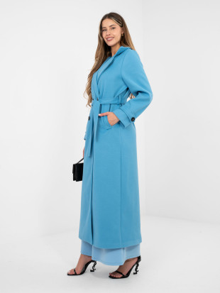 Elegante cappotto blu da mezza stagione con cintura