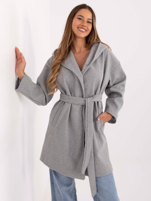 Elegante cappotto grigio da mezza stagione con cappuccio e cintura